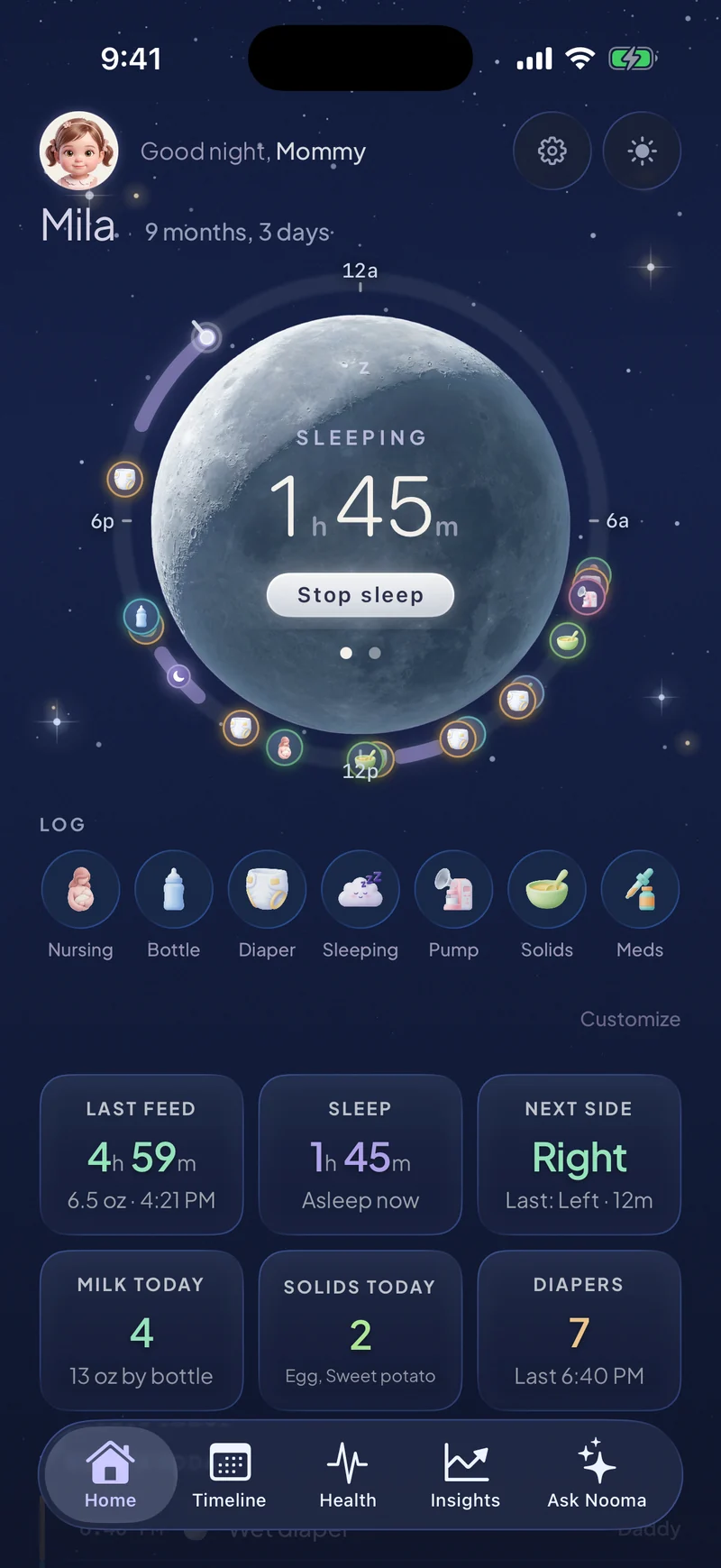 Nooma at night: the moon holding a running sleep timer, the day’s story around it