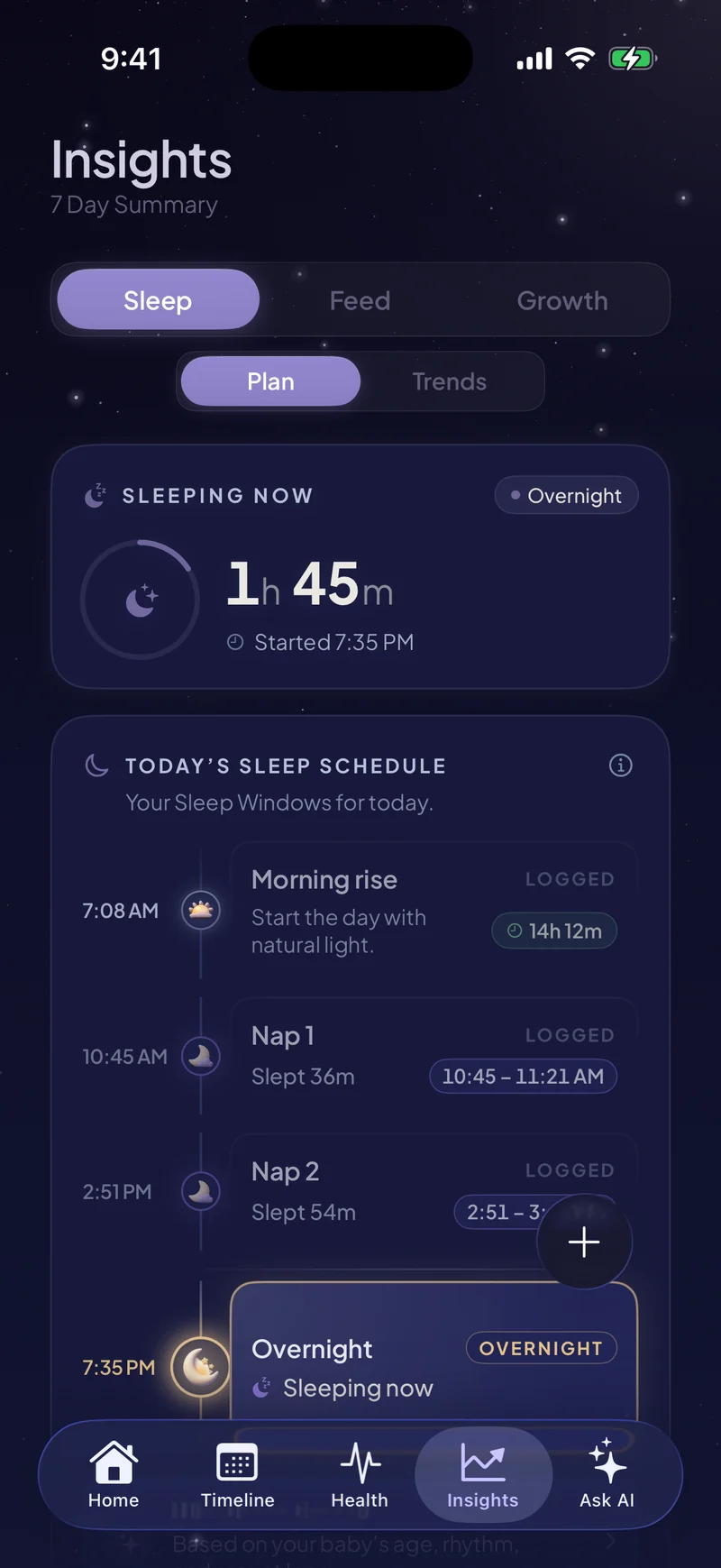 Nooma’s sleep screen at night: an overnight sleep running at 1h 45m, above today’s schedule with the morning rise and both naps logged