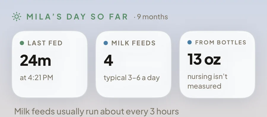 Nooma’s feeding summary: last fed 24 minutes ago, four milk feeds today, 13 oz from bottles