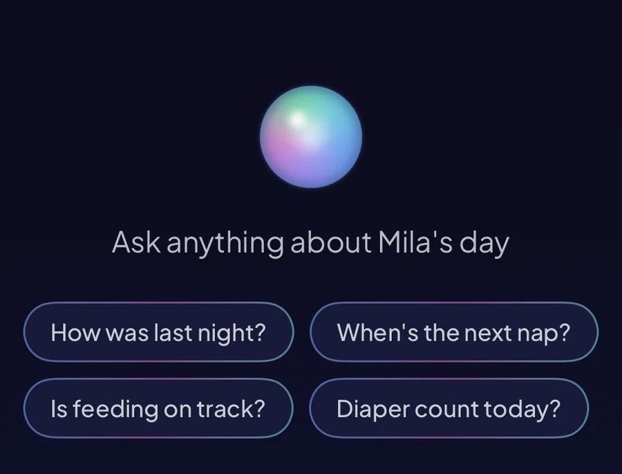 Nooma’s Ask screen: four suggested questions — how was last night, when’s the next nap, is feeding on track, diaper count today