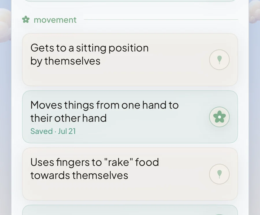 Nooma’s milestone list: sitting, moving objects hand to hand, raking food — each one saved with the date it happened