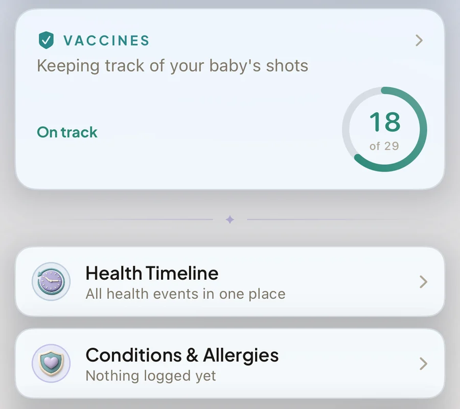 Nooma’s health hub: a vaccine ring reading 18 of 29 doses, on track, above the health timeline and conditions records