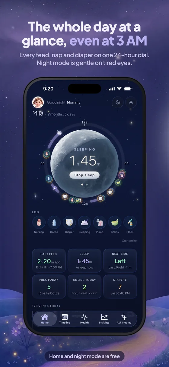 The whole day at a glance, even at 3 AM: the night home screen with a sleep timer on the moon and six cards below