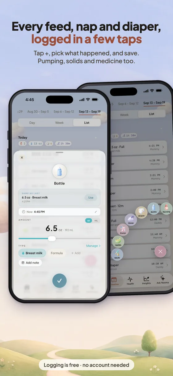 Every feed, nap and diaper logged in a few taps: the bottle sheet open over the day’s list