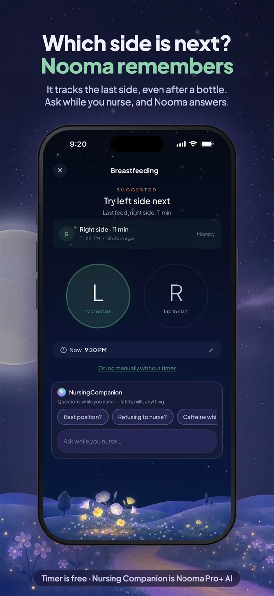 Which side is next: the nursing timer suggesting the left side, with the companion below